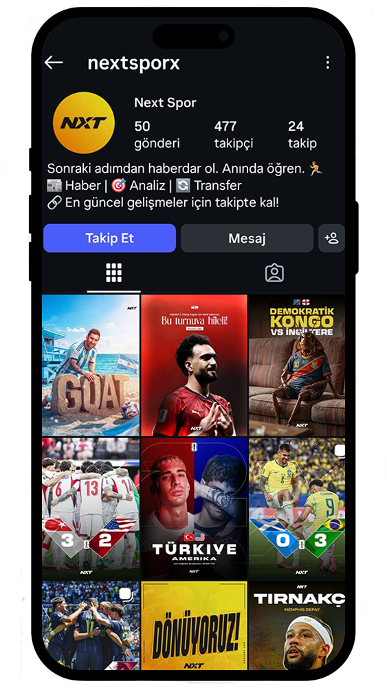 Nextspor sosyal medya sayfasının telefon mockup görünümü