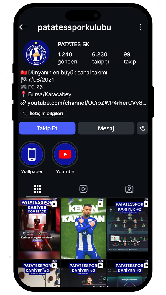 Patatesspor sosyal medya sayfasının telefon mockup görünümü